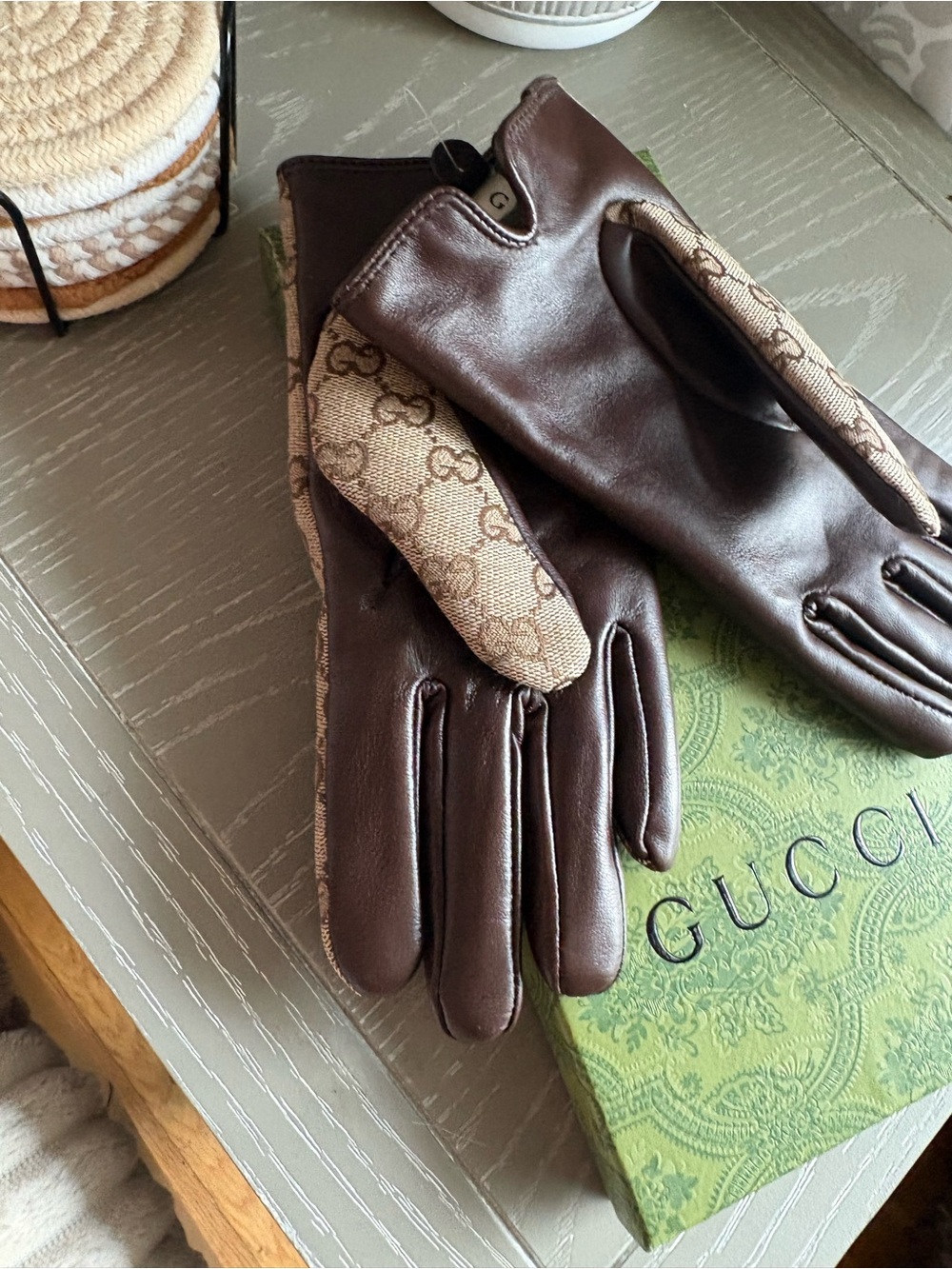 FASHION Monogram Beige Brown Leather like Trim Gloves - Picture 3 of 7